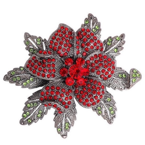 Poinsettia Brooch Large Rhinestone Poinsettia Pendant Christmas Brooch Pin - Picture 9 of 9